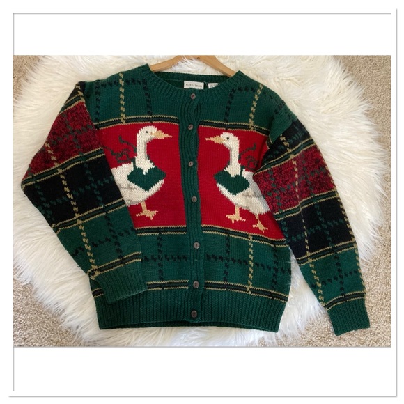 Nordstrom Vintage Point Of View Knit Plaid Christmas Cardigan Sweater Wool Red M - Picture 2 of 6